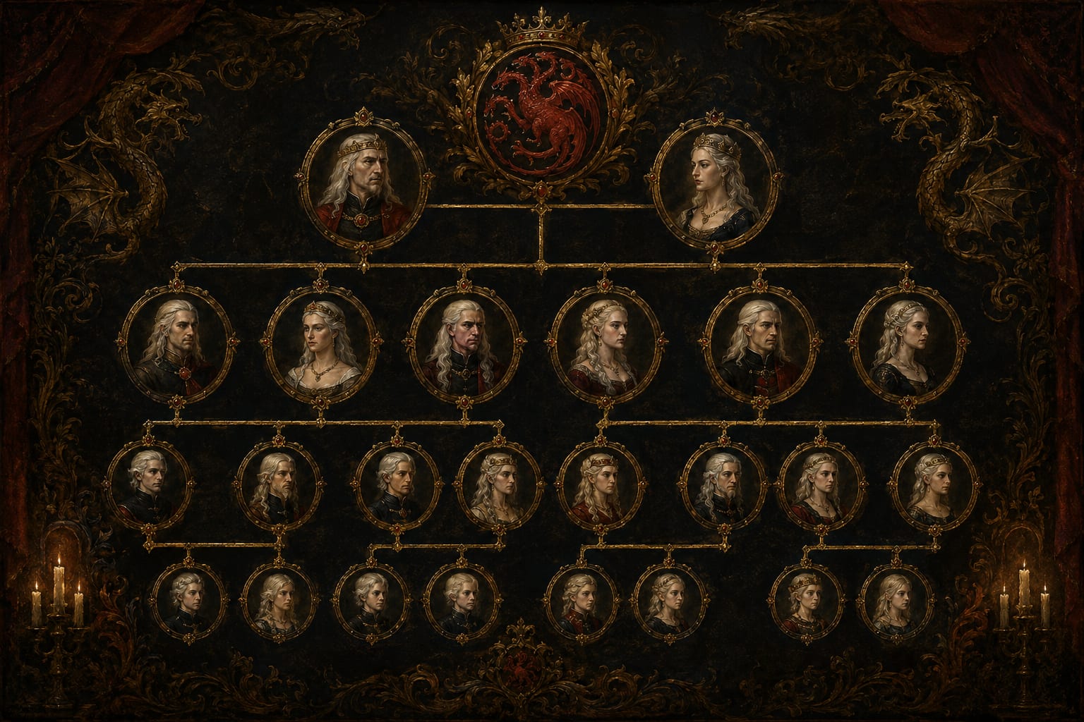 Targaryen family tree: an oil-painted royal genealogy chart with gold portrait medallions of silver-haired Targaryen kings and queens across four generations, connected by gold lines under the red three-headed dragon sigil of House Targaryen
